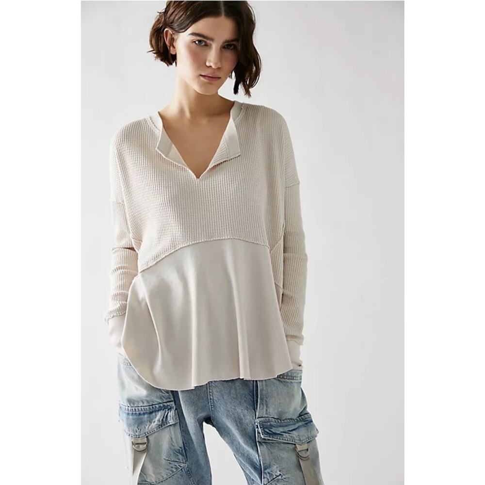 Free People Cream Layered V-Neck Long Sleeve Top
